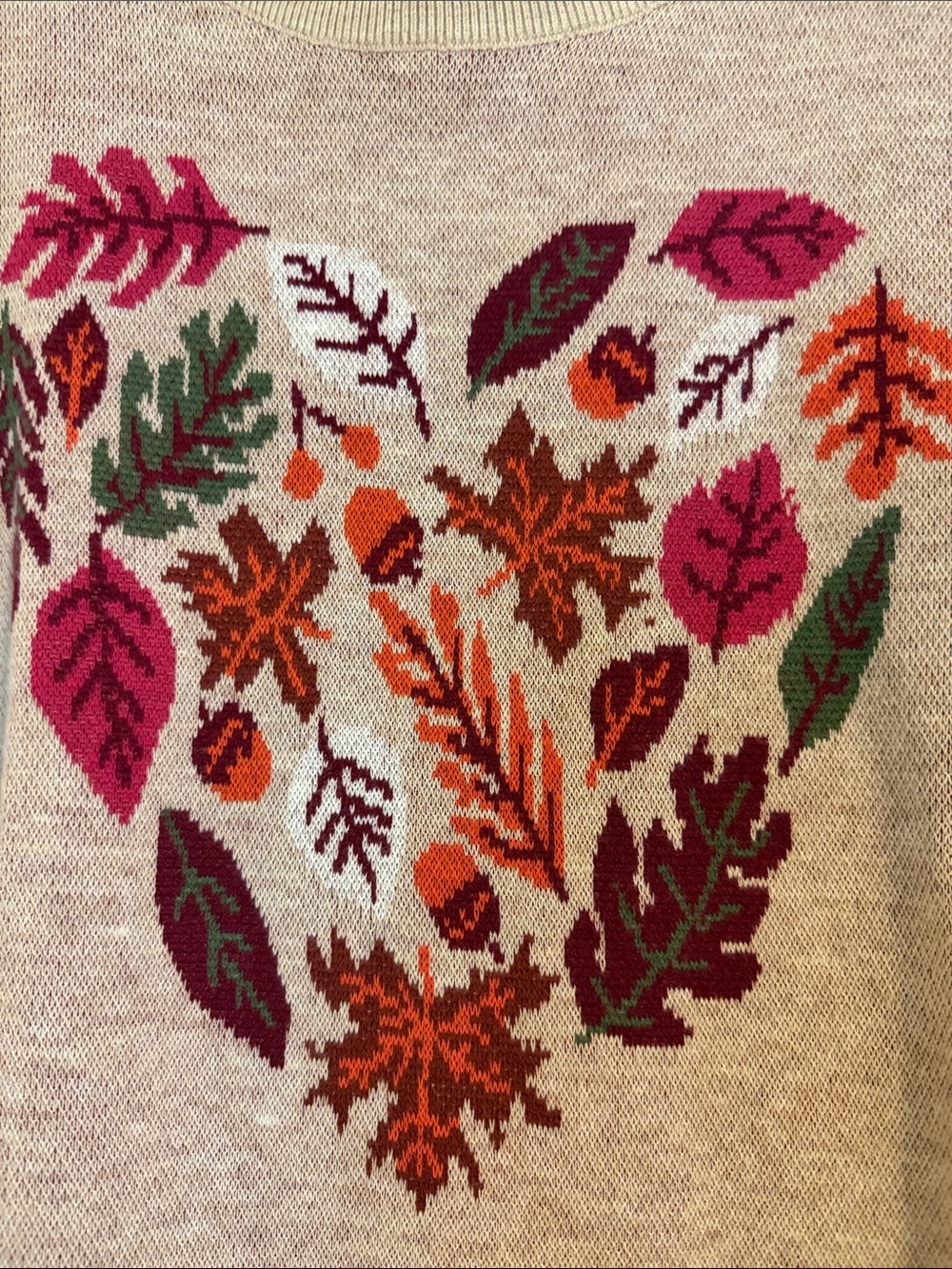 LOFT Beige Crewneck Sweater with Multicolor Leaf Heart - Picture 3 of 4